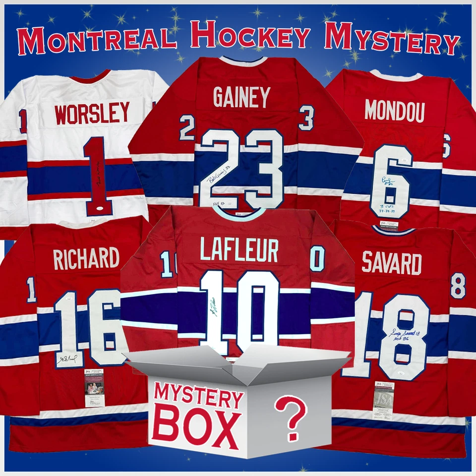 Коробка с автографом/подписью Montreal Hockey Jersey Mystery Box с сертификатом подлинности PSA JSA или BAS - Изображение 1 из 1