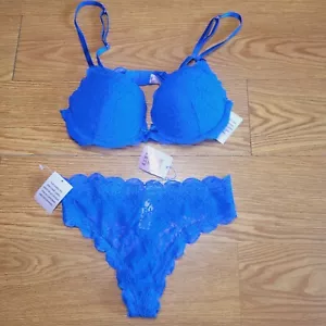 Savage X Fenty Floral Lace 2 Piece Bra/Underwear Set Size Small/34C Blue Padded - Picture 1 of 15