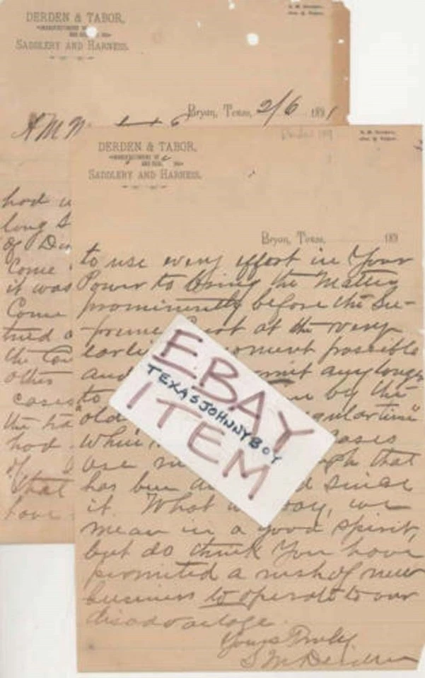 1891 年布莱恩得克萨斯德登和塔博尔马鞍制造商马鞍签名信头 — 第 1/1 张图片