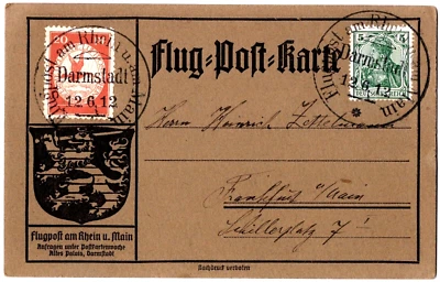 LZ10 Schwaben Flight Card Rhein Main Darmstadt First Day City June 12 1912 20 Pf - Image 1 of 2