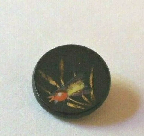 Antique Vintage 5/8" Inch Black Glass Button - Hand Painted FLY - Victorian Cover