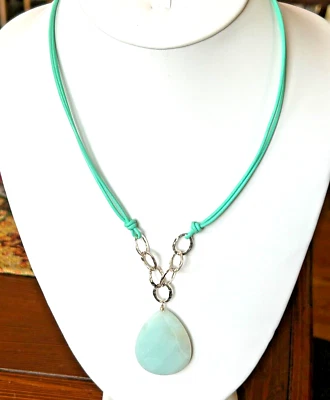 Aqua Amazonite 18" Corded Necklace Teardrop 40mm Pendant Silver Estate New - Image 1 of 4