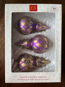 Hand Decorated 3 GLASS ORNAMENTS Purple Gold Bohemian Christmas 5 1/2 in Romania - Bild 1 von 12