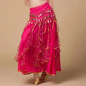 Bauchtanz Chiffon Pailletten Rock Gold Münzen Hüftschal Taillengürtel Kostüm Kleid - Bild 1 von 18