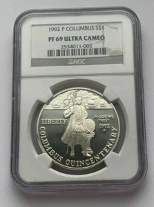 1992- P SILVER COLUMBUS NGC PF 69 ULTRA CAMEO 1$ DOLLAR SILVER COIN - Picture 1 of 5