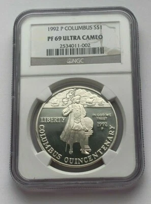 1992- P SILVER COLUMBUS NGC PF 69 ULTRA CAMEO 1$ DOLLAR SILVER COIN - Image 1 of 4