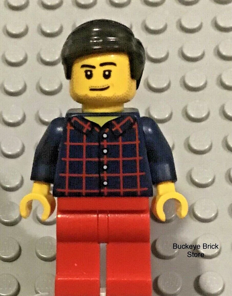 LEGO City Town Minifigura Hombre Joven Barba Clara Camisa a Cuadros Piernas Rojas Pelo Negro Foto 1 de 1