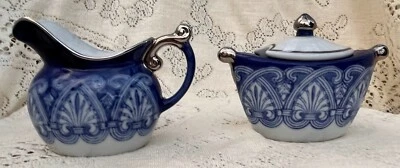 Bombay Azul Crema Azúcar Set De Colección Asiático Plata Dorado Repuesto Regalo Foto 1 de 4