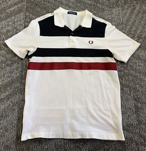 Fred Perry Polo Men’s Medium White Striped Cotton Button Up Shirt Preppy Outdoor