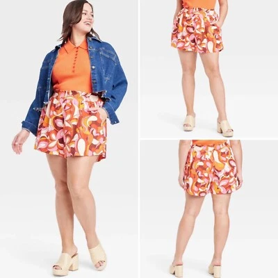 NWT AVA VIV High Rise Linen Pull On Short XXL Orange Pockets Relaxed Lightweight - Image 1 of 4