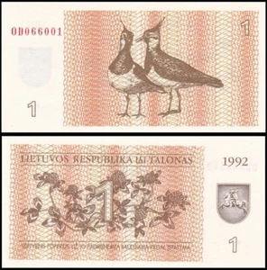 LITHUANIA 1 TALONAS 1992 UNC TWO EURASIAN LAPWINGS,VALUE ON PLANT AT CENTER,DARK - Picture 1 of 1