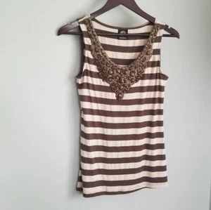 Bobeau Womens Beaded Brown Cream Striped Cotton Tank, Small - Picture 1 of 3