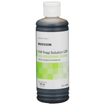 Solución de preparación McKesson PVP 10 % povidona-yodo 8 oz. Botella abatible 1 cada 034 Foto 1 de 4