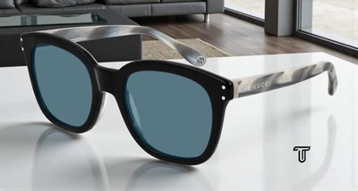 GUCCI GG0571S 004 Rectangular Square Black Shiny Grey Blue 52mm Men's Sunglasses - Image 1 of 4