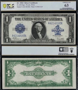 SC 1923 $1 Fr.238 Silver Certificate Blue Seal PCGS 63 Choice Uncirculated (183) - Picture 1 of 4