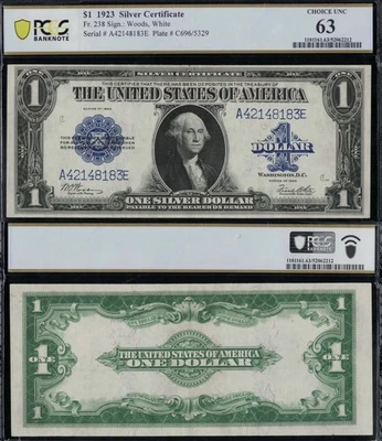 SC 1923 $1 Fr.238 Silver Certificate Blue Seal PCGS 63 Choice Uncirculated (183) - Image 1 of 4
