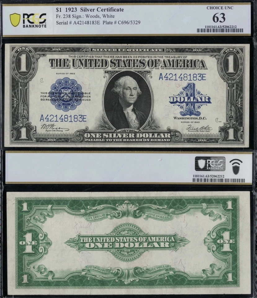 SC 1923 $1 Fr.238 Silver Certificate Blue Seal PCGS 63 Choice Uncirculated (183) - Image 1 of 4