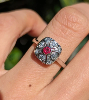 Antique Art Deco Ruby Diamond Square Ring Platinum 18k White Gold Size 5.25 - Image 1 of 4