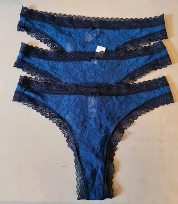 DKNY PAQUETE DE 3 TANGAS DE ENCAJE AZUL/NEGRO cómodo TALLA S NUEVA MUESTRA L1 Foto 1 de 4