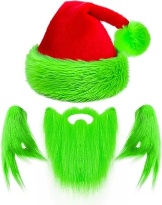 Christmas Santa Hat Red with Beard Green Furry Hand Gloves for Adult Halloween - Image 1 of 4