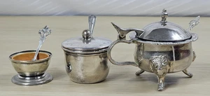 2 Vintage Silverplated Mustard Pots & 1 Lion Head Legs Blue Glass Muster Pot - Picture 1 of 19
