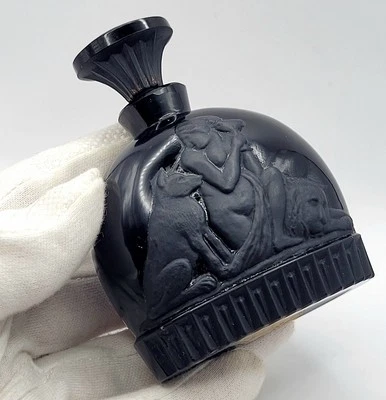 Antique Moiret Circe Black Glass Frosted Perfume Bottle Baccarat Lion Store Tag - Image 1 of 4