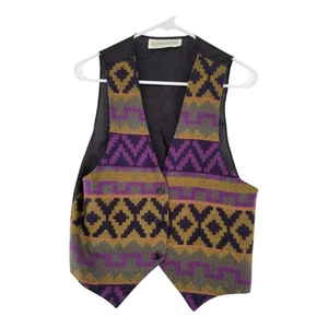 AJ Maxwell Southwest Aztec Knit Button Vest Black Purple Gold Lined Size M - Picture 1 of 7