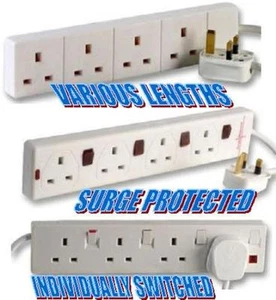 ELECTRICAL EXTENSION LEAD CABLE 1M 2M 3M 5M SURGE SWITCHED 4 6 8 GANG WAY - Picture 1 of 14