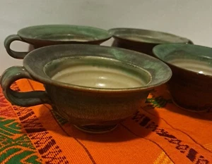 Vtg Signed Art Pottery Mugs Set of 4 Stoneware Coffee Cups Handmade 19" Diameter - Picture 1 of 13