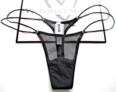 VICTORIA'S SECRET PINK Strappy Micro Thong Panty VS Black Mesh Sexy S M L XL NWT - Image 1 of 4