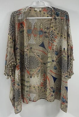 Umgee Boho Gran Tamaño Pluma de Pavo Real Tribal Pom Pom Abierto Kimono Topper Talla S/M Foto 1 de 4