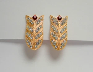 Vintage 14K Gold Wheat Spike Clip Earrings | Red White Crystals - Picture 1 of 8
