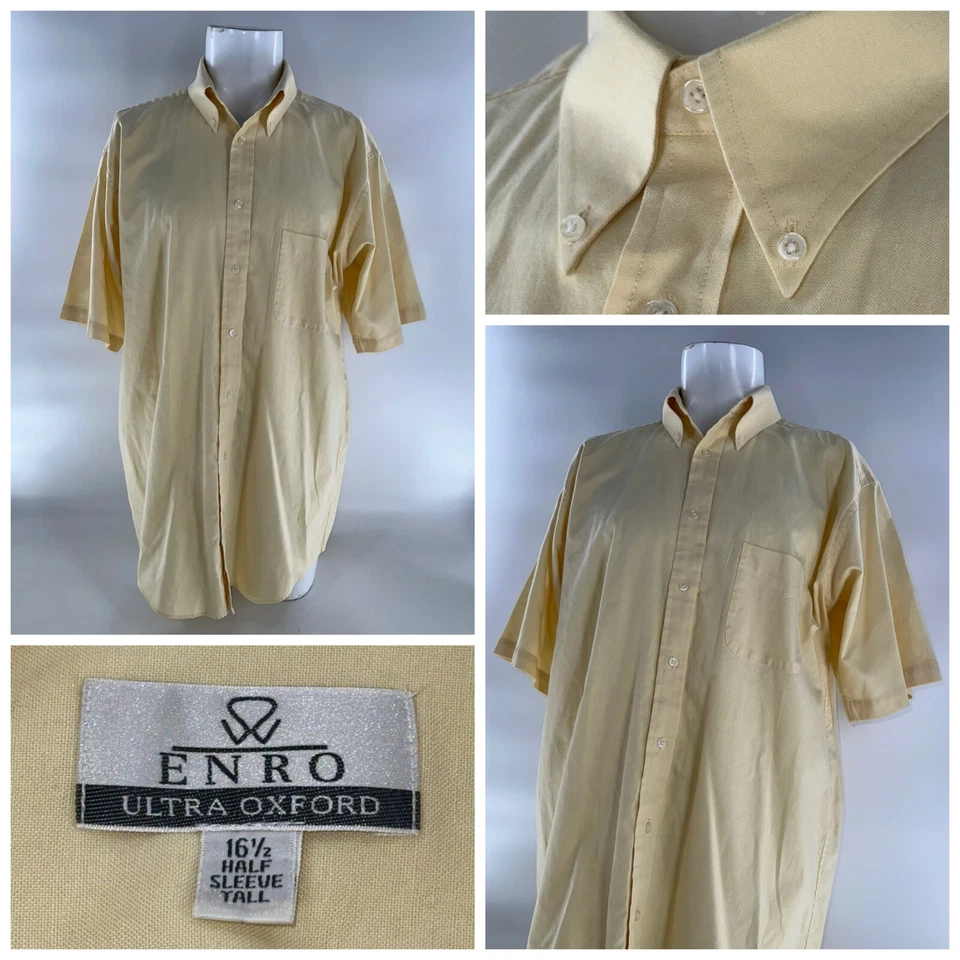 ENRO 牛津纽扣衬衫男式 16.5 黄色棉质聚乙烯短袖 YGI J4-124 — 第 1/4 张图片