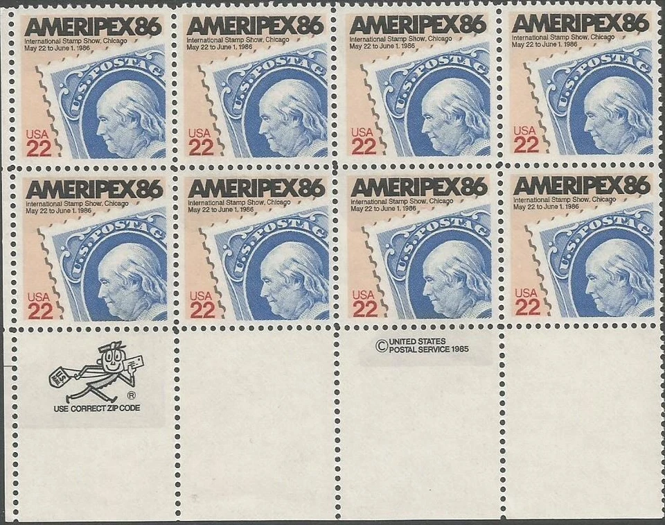 Zip Block of 8 stamps - Scott 2145 - 22 cent - AMERIPEX86 - 1985 - MNH - Image 1 of 1