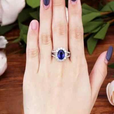 3.60 Ct Natural Blue Sapphire Diamond Wedding Ring 14K Solid White Gold Size 5.5 - Image 1 of 4