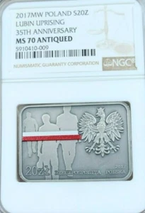 2017 POLAND SILVER 20 ZLOTYCH LUBIN UPRISING ANNIVERSARY NGC MS 70 ANTIQUED - Picture 1 of 5