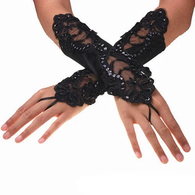 1Pair Wedding Girls Evening Party Fingerless Pearl Soft Lace Satin Bridal Gloves - Image 1 of 4