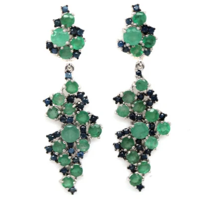 925 Пробы 4 мм. Серьги с зеленым изумрудом и синим сапфиром - Изображение 1 из 4