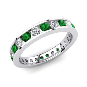 Sterling Silver 925 Emerald Channel-Set Round 3.00mm Full Eternity Band Ring - Picture 1 of 7