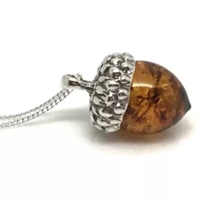Amber acorn pendant solid Sterling Silver adjustable chain. Larger version. Box Foto 1 de 4
