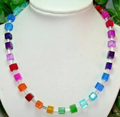 Würfelkette Halskette Perlen Mix mehrfarbig gelb grün blau rot bunt 48cm 266b - Bild 1 von 4