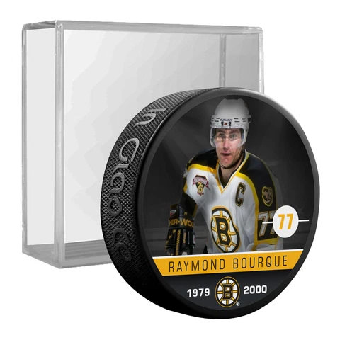 Boston Bruins Ray Bourque NHL Alumni Photo Hockey Puck in Display Cube - NEW Cover