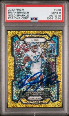 BRIAN BRANCH SIGNED 2023 PANINI GOLD SPARKLE PRIZM #328 RC PSA 9 AUTO 10 - Image 1 of 2