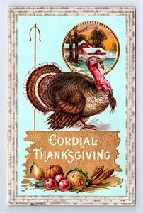 C1910 Vintage Thanksgiving Postcard, Turkey with Farm Scene - Picture 1 of 2