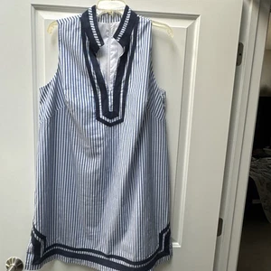 Eliza J Shift Dress Women Plus 14W V-Neck White Blue Striped Nautical Cotton - Picture 1 of 11