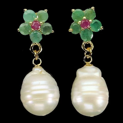 Pendientes de plata de ley 925 redondos esmeralda 4 mm rubí perla piedras preciosas joyería Foto 1 de 4