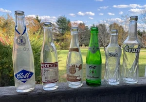 6 Vtg Glass Bottles Cott, Walker's Pure Spring Water, Elk Club, Crush Soda ACL - Picture 1 of 13
