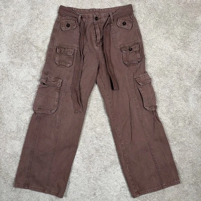 Pantalones cargo marrón pierna ancha para mujer 32 tiro alto elásticos bohemios utilitarios con cinturón Foto 1 de 4