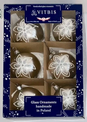 Vitbis Set of 6 Glass Christmas Ornaments Satin Silver Floral 3" Poland New — 第 1/3 张图片