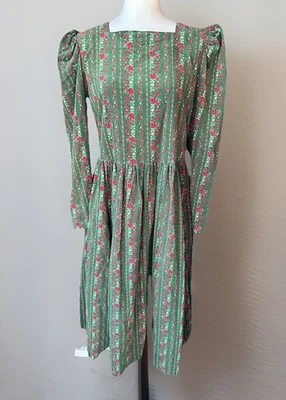 VTG Laura Ashley 80s Green Floral Corduroy Square Neck Puff Sleeve Dress US 12 - Image 1 of 4